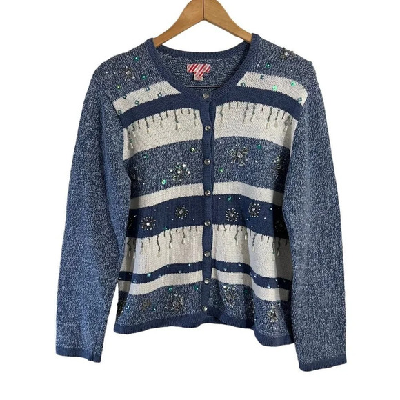 Beaded Christmas Sweater Size XL Cardigan Sequins Blue and White Striped Holiday - Picture 1 of 7